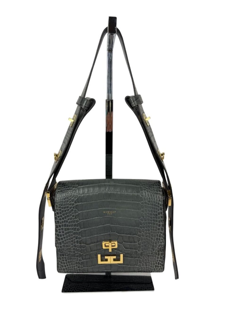 Givenchy Leather Crocodile Embossed Medium Eden Storm Gray Shoulder Bag